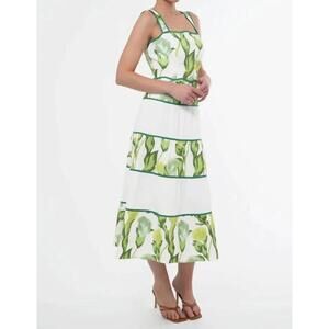 NWT Adelyn Rae Lisha Floral Leaf Print Tiered Cotton Midi Dress Green White SZ S